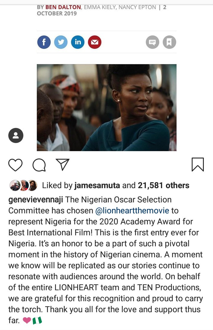 Genevieve Nnaji Reacts To Lion Heart Nomination For An Oscar Award (2)